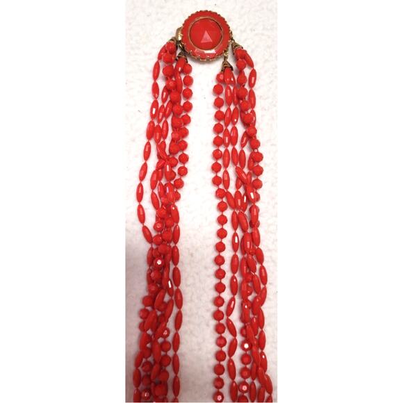 Faux Red Coral Plastic Multistrand Vtg 50s 60s MCM Beaded Necklace Box Clasp - Picture 7 of 8